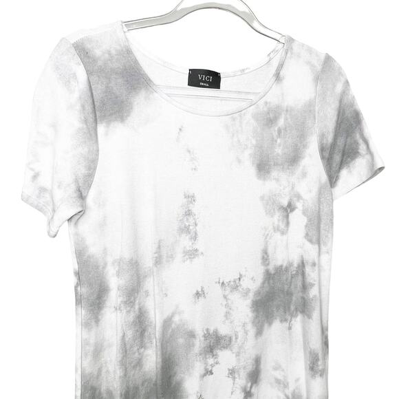 VICI Tie Dye T-Shirt Dress Crew Neck Short Sleeve Side-Slit White Black Sz Small - Picture 2 of 7